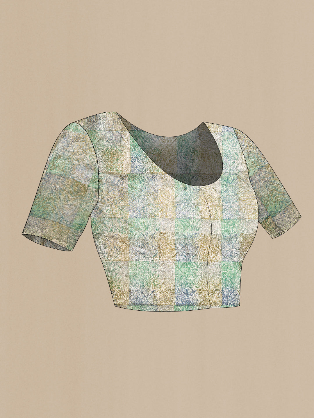 Close up image of the blouse of Grey Dual Tone Tussar Silk Saree with Printed design on the body and Printed Border. 