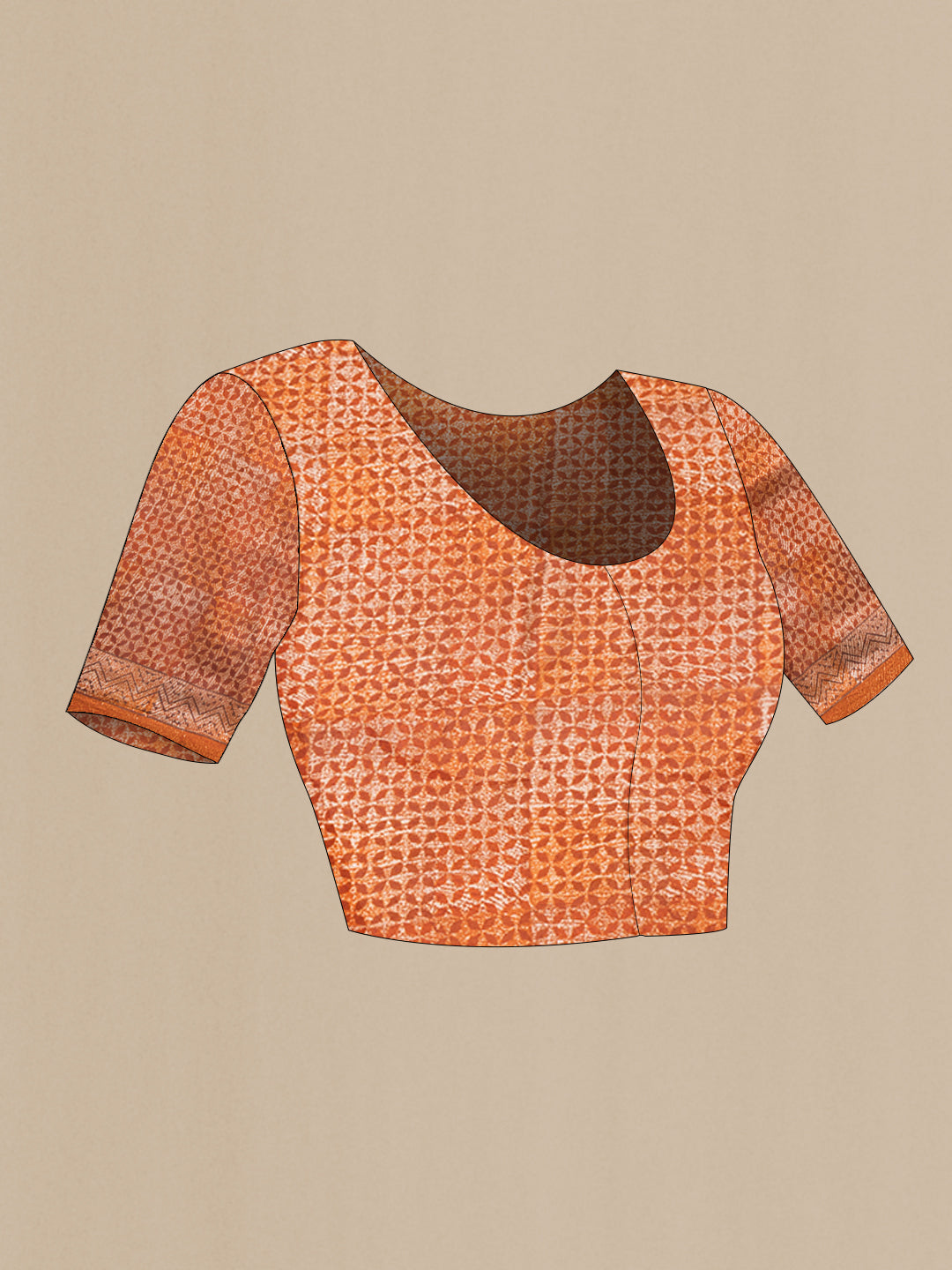 Close up image of the blouse of Brick Orange Tussar Silk Saree with Printed design on the body and Printed Border. 