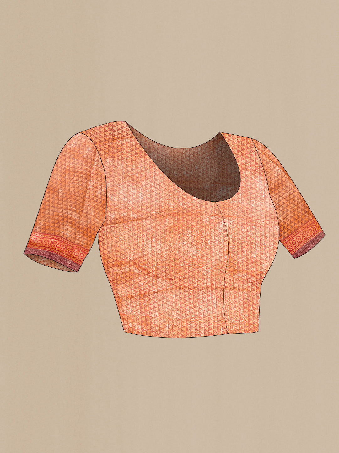 Close up image of the blouse of Orange Dual Tone Tussar Silk Saree with Printed design on the body and Printed Border. 