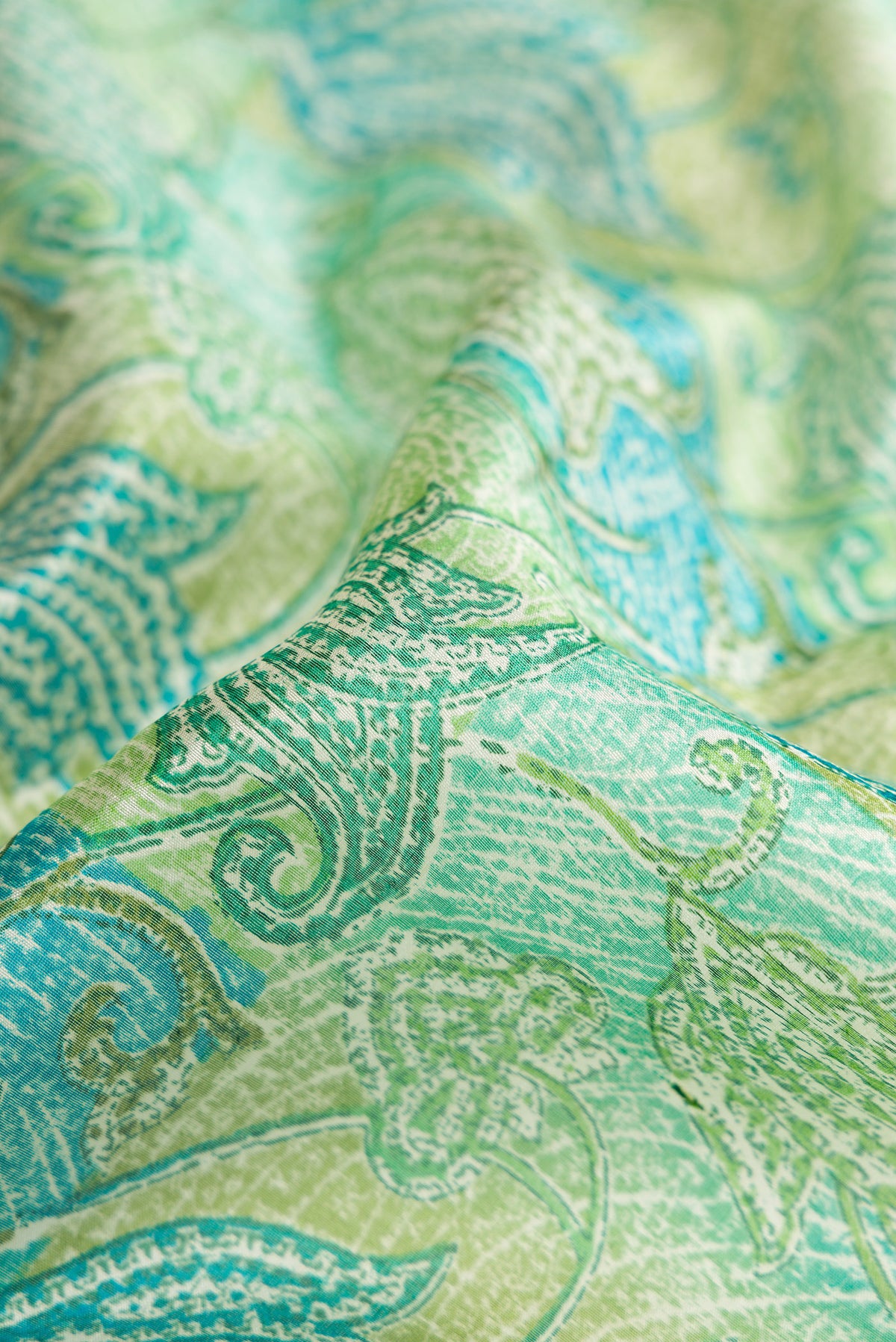 Close up of Pista Green Dual Tone Tussar Silk Saree with Printed design on the body and Printed Border.  displaying folds