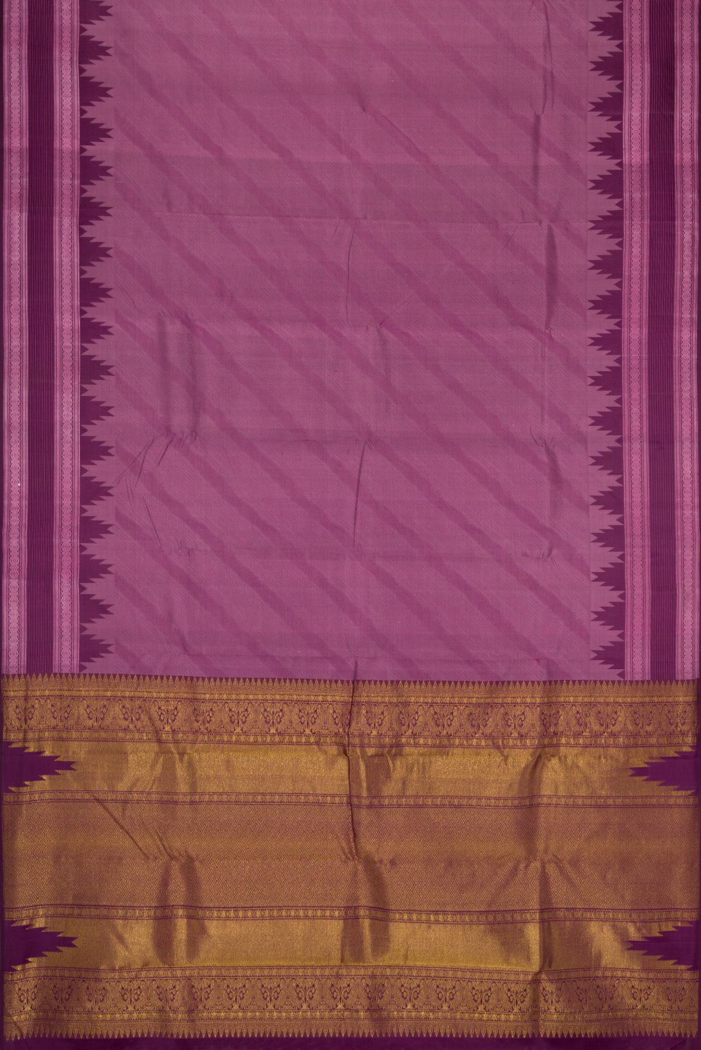 Flat view of Burgundy Dual Tone Kanchipuram Silk Saree with Jacquard design on the body and Temple Border. 