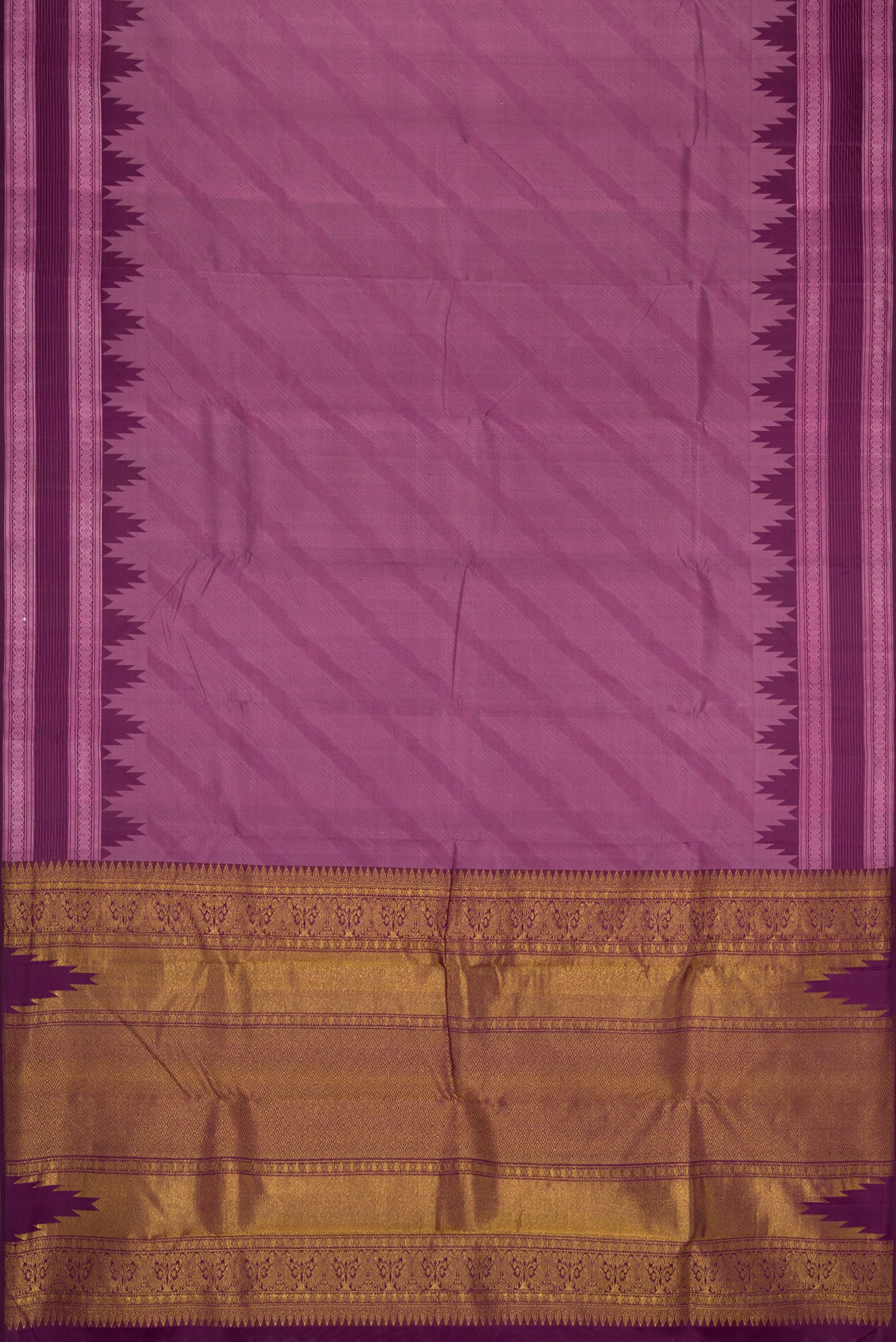 Flat view of Burgundy Dual Tone Kanchipuram Silk Saree with Jacquard design on the body and Temple Border. 