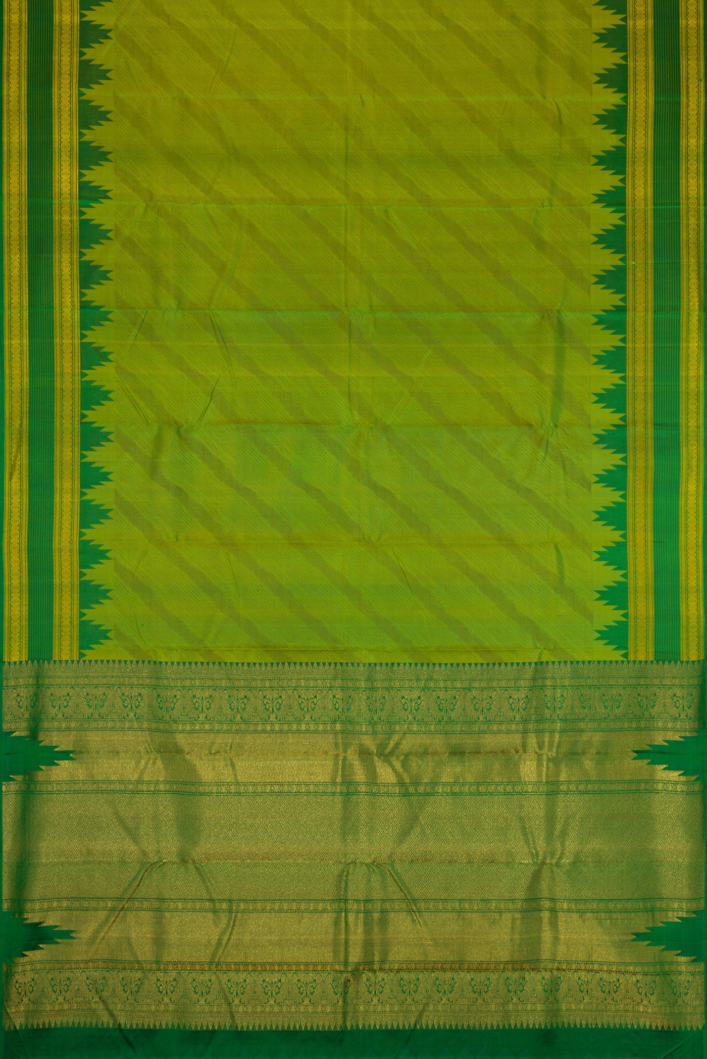 Flat view of Pista Green Dual Tone Kanchipuram Silk Saree with Jacquard design on the body and Temple Border. 