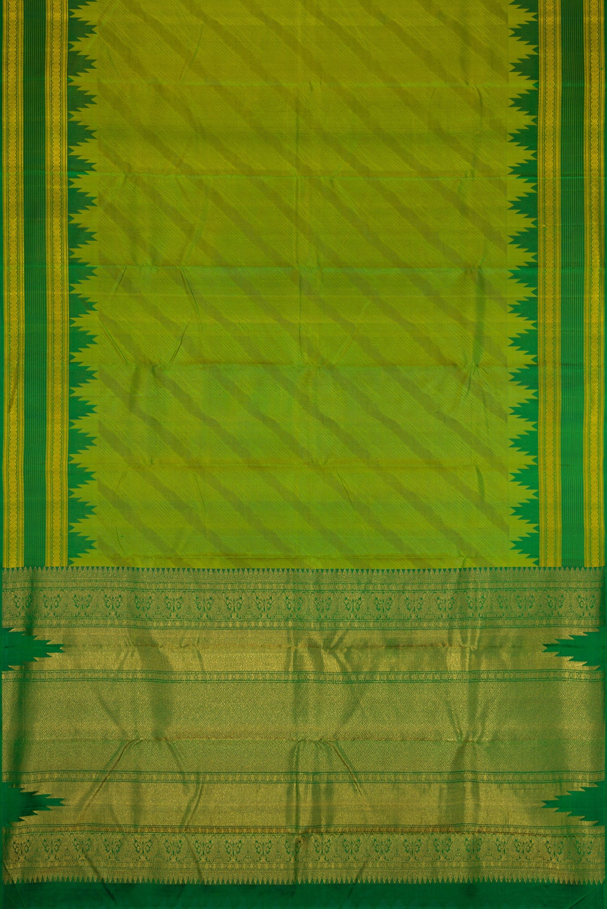 Flat view of Pista Green Dual Tone Kanchipuram Silk Saree with Jacquard design on the body and Temple Border. 