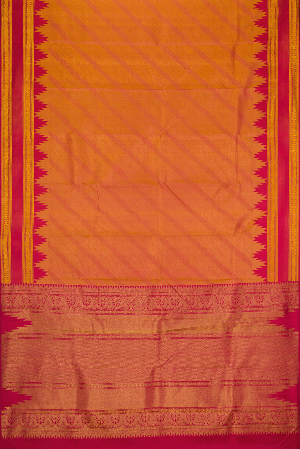 Flat view of Mustard Dual Tone Kanchipuram Silk Saree with Jacquard design on the body and Temple Border. 