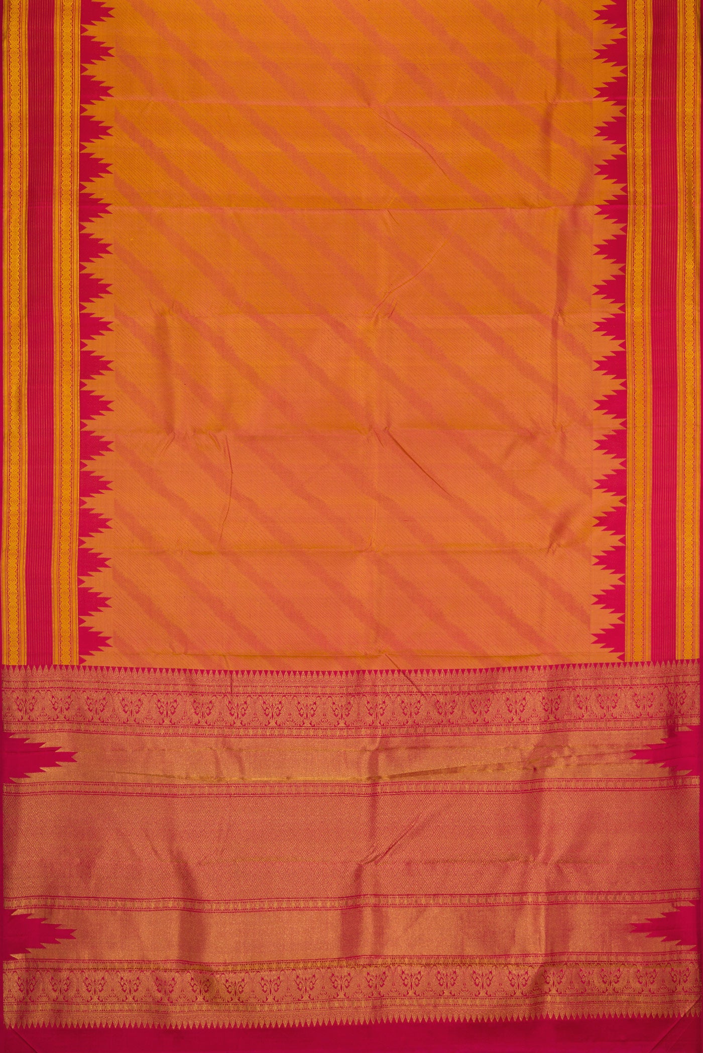 Flat view of Mustard Dual Tone Kanchipuram Silk Saree with Jacquard design on the body and Temple Border. 