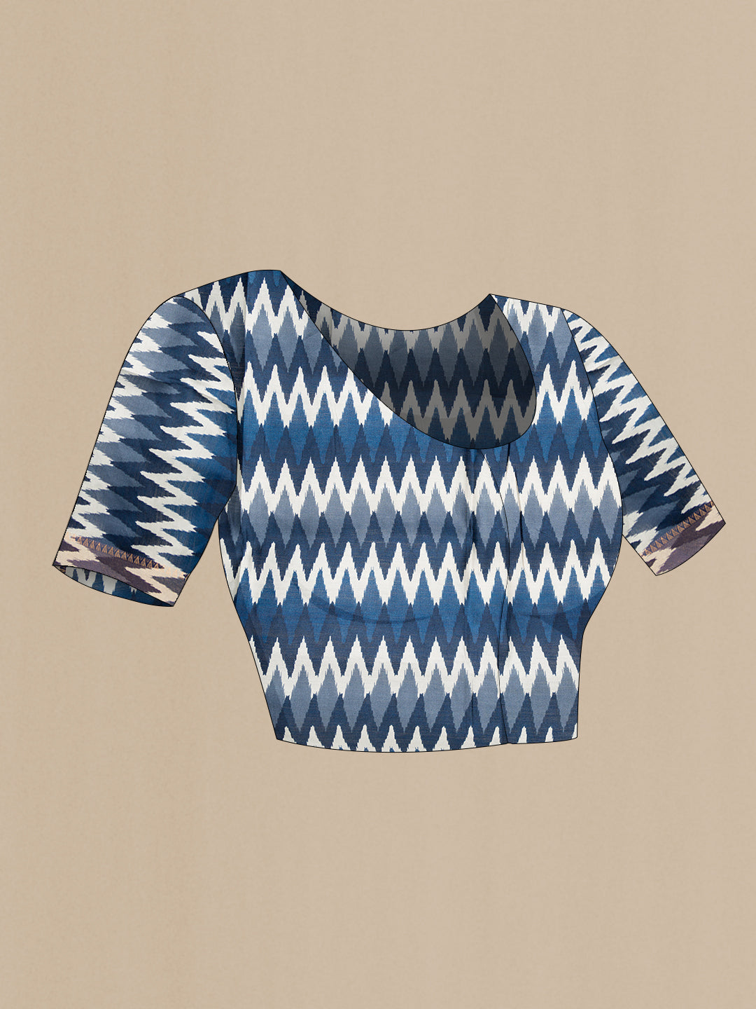 Close up image of the blouse of Navy Blue Dual Tone Tussar Silk Saree with Zari Butta on the body and Ikat Border. 