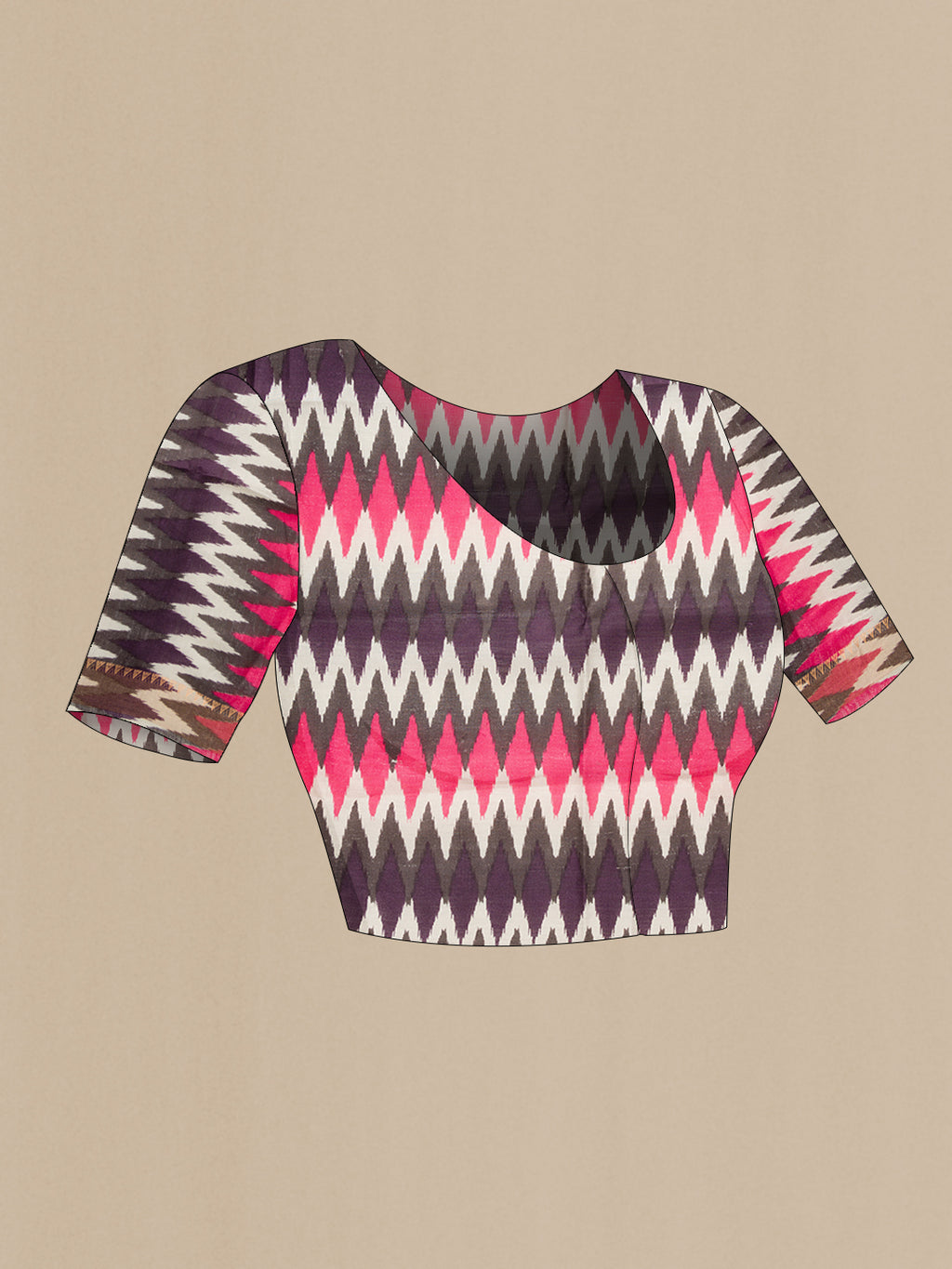 Close up image of the blouse of Violet Dual Tone Tussar Silk Saree with Zari Butta on the body and Ikat Border. 