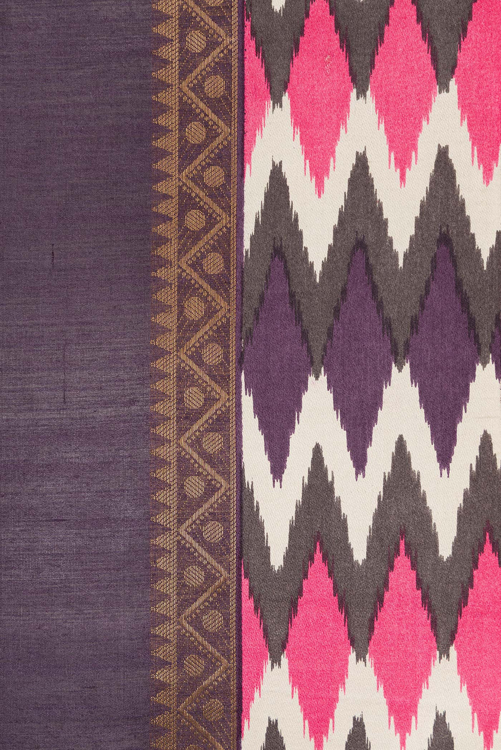 Border image of Violet Dual Tone Tussar Silk Saree with Zari Butta on the body and Ikat Border. 