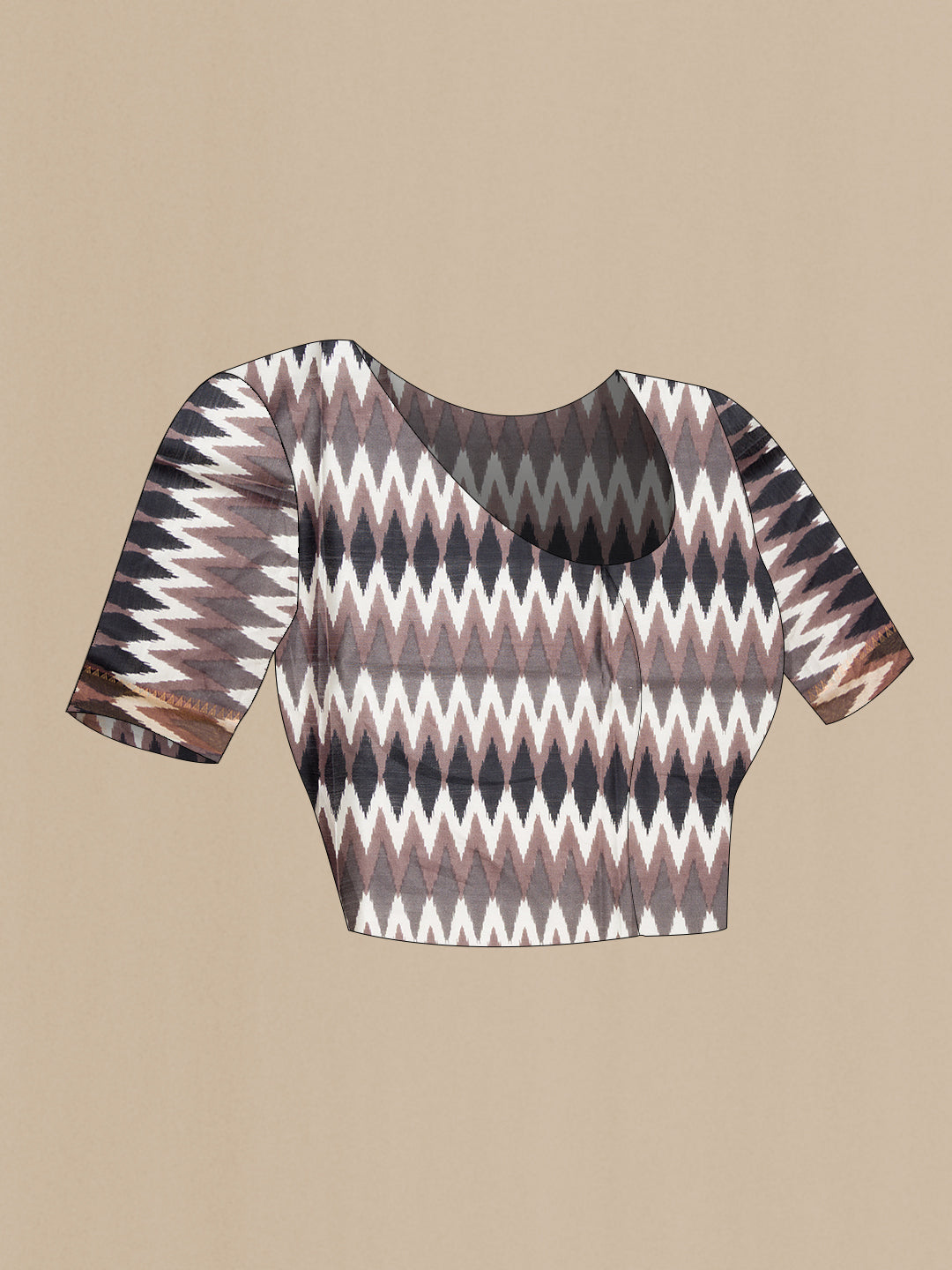 Close up image of the blouse of Grey Dual Tone Tussar Silk Saree with Zari Butta on the body and Ikat Border. 