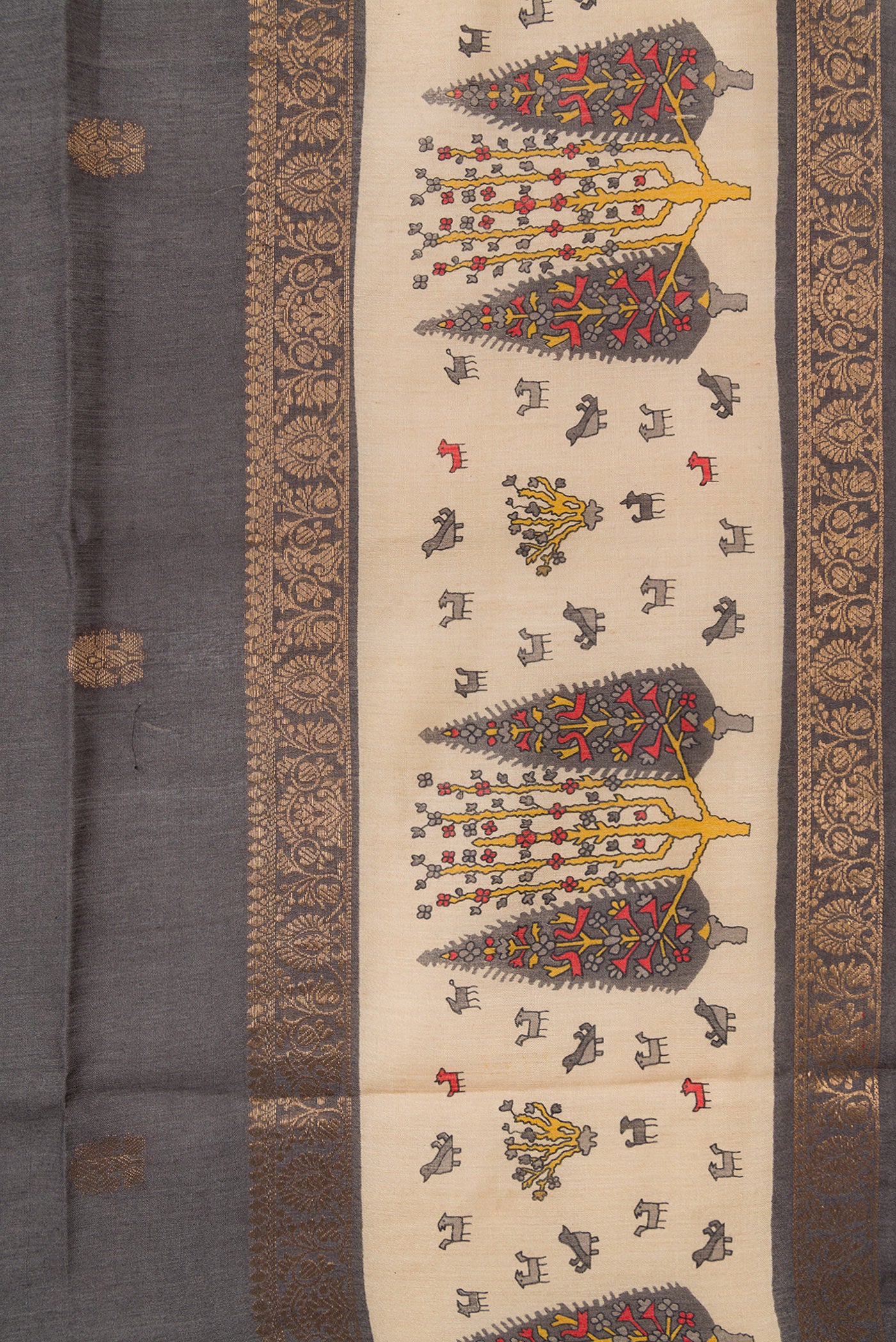 Border image of Grey Dual Tone Tussar Silk Saree with Zari Butta on the body and Fancy Border. 