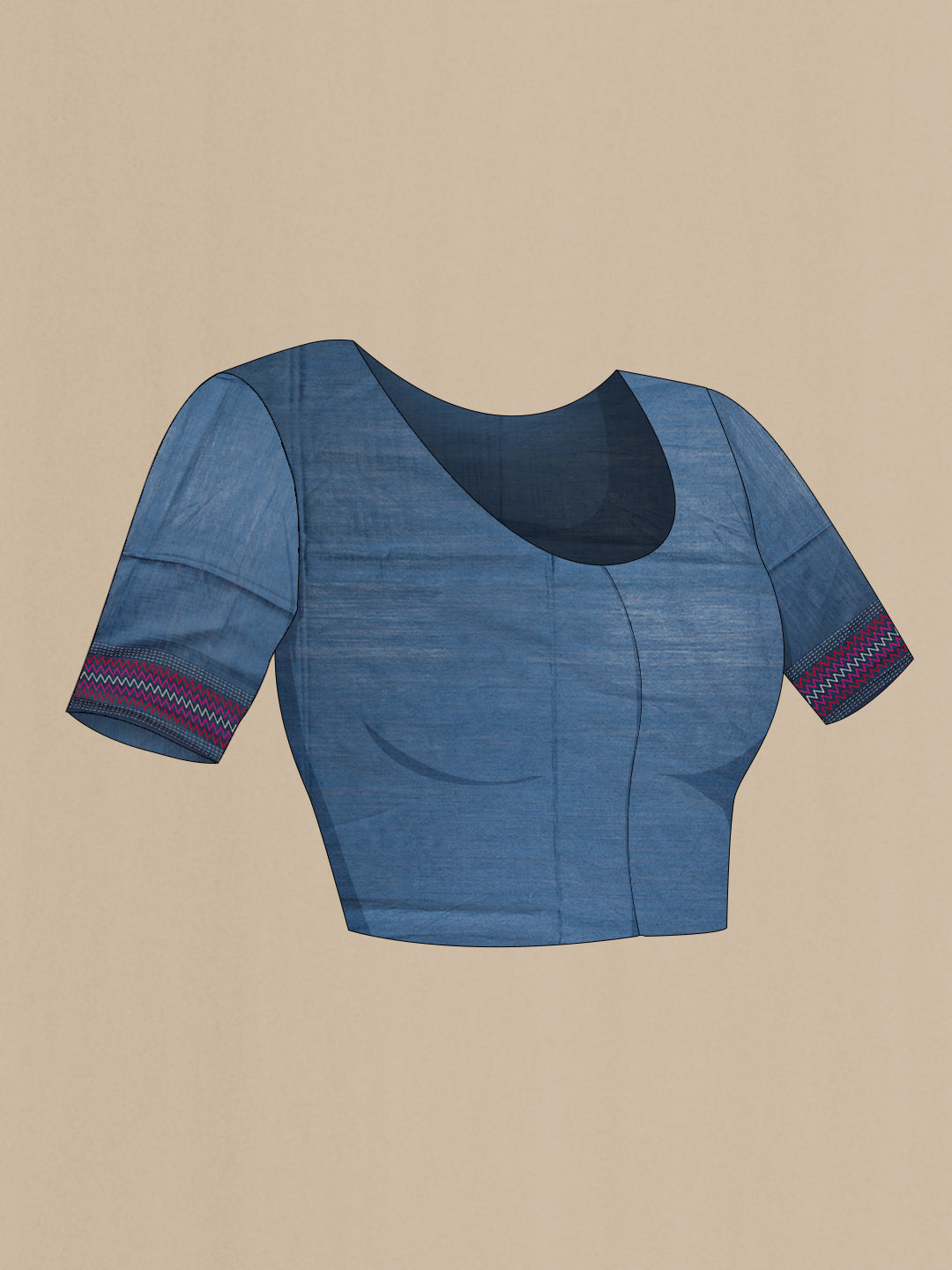 Close up image of the blouse of Navy Blue Dual Tone Tussar Silk Saree with Printed design on the body and Embroidery Border. 