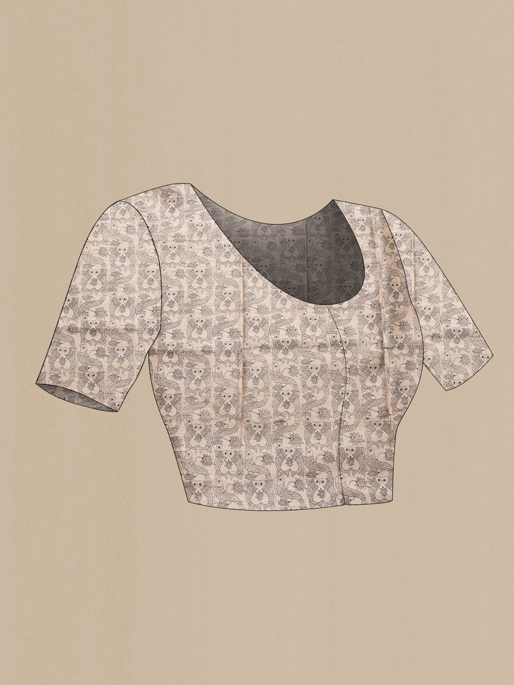 Close up image of the blouse of Beige Dual Tone Tussar Silk Saree with Printed design on the body and Printed Border. 