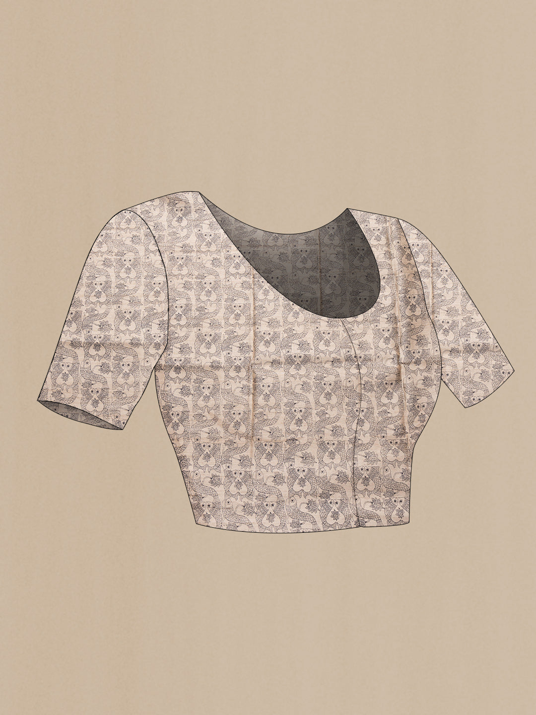 Close up image of the blouse of Beige Dual Tone Tussar Silk Saree with Printed design on the body and Printed Border. 