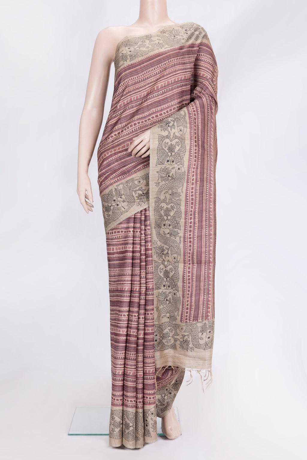 Beige Dual Tone Tussar Silk Saree with Printed design on the body and Printed Border.  displayed on a mannequin