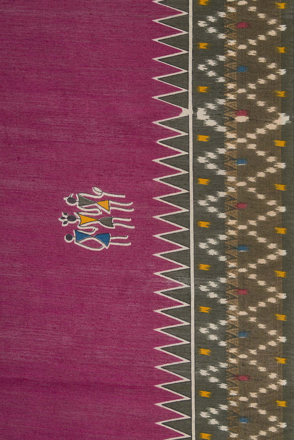 Border image of Burgundy Dual Tone Tussar Silk Saree with Printed design on the body and Ikat Border. 