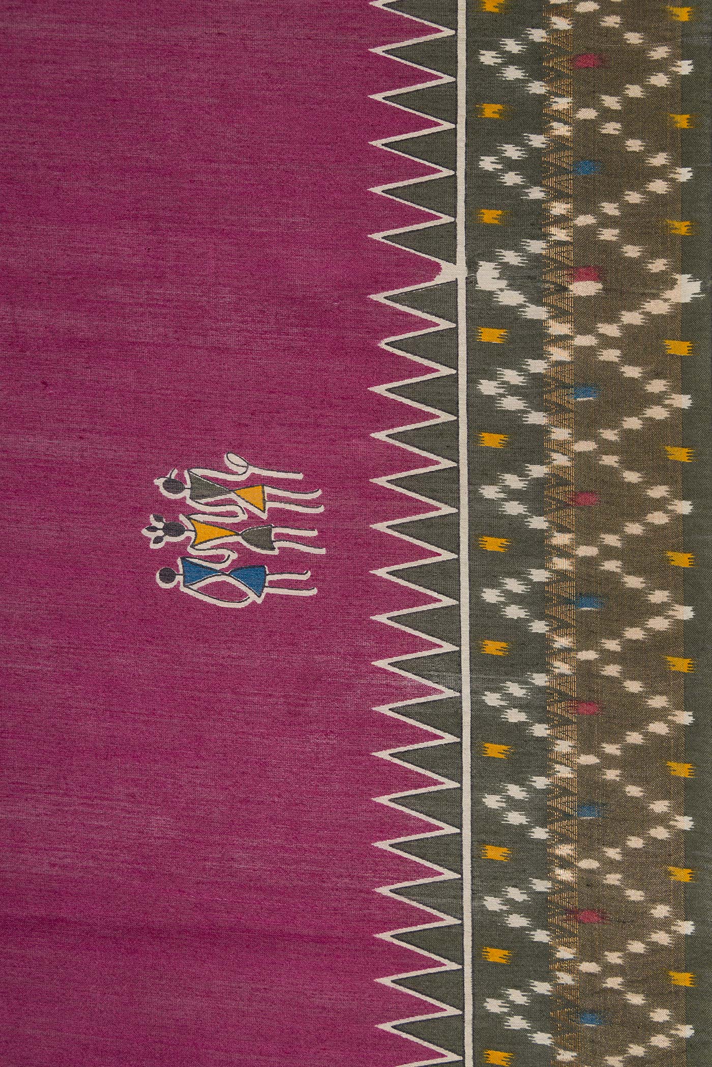 Border image of Burgundy Dual Tone Tussar Silk Saree with Printed design on the body and Ikat Border. 