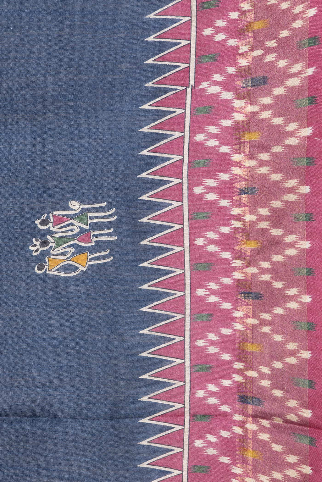 Border image of Navy Blue Dual Tone Tussar Silk Saree with Printed design on the body and Ikat Border. 