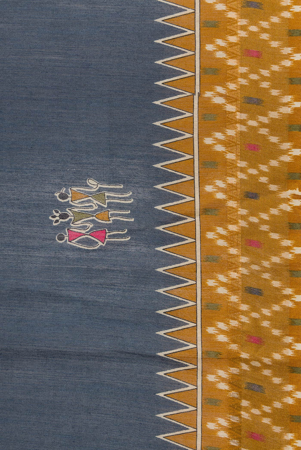 Border image of Grey Dual Tone Tussar Silk Saree with Printed design on the body and Ikat Border. 