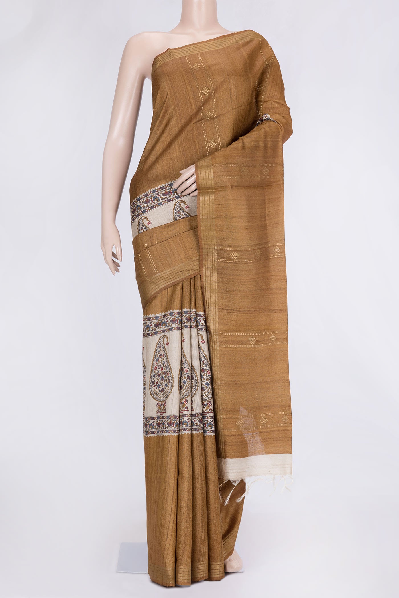 Mehandi Green Dual Tone Tussar Silk Saree with Printed design on the body and Fancy Border.  displayed on a mannequin