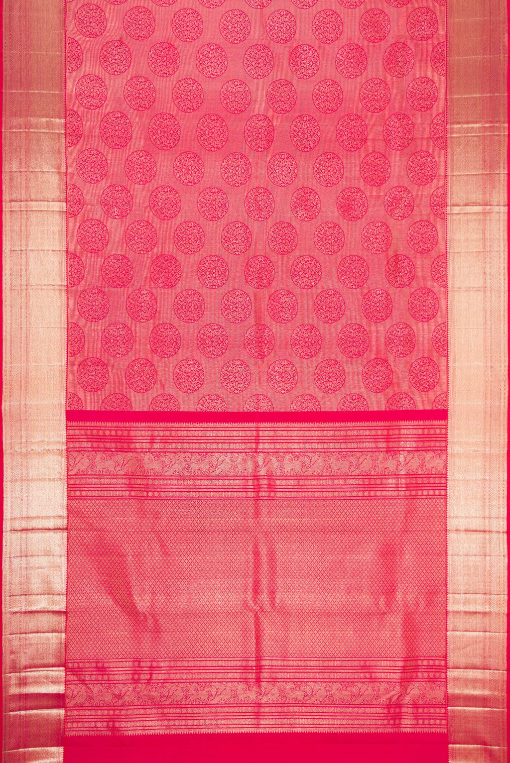 Flat view of Pink Dual Tone Kanchipuram Silk Saree with Zari Butta on the body and Zari Border. 