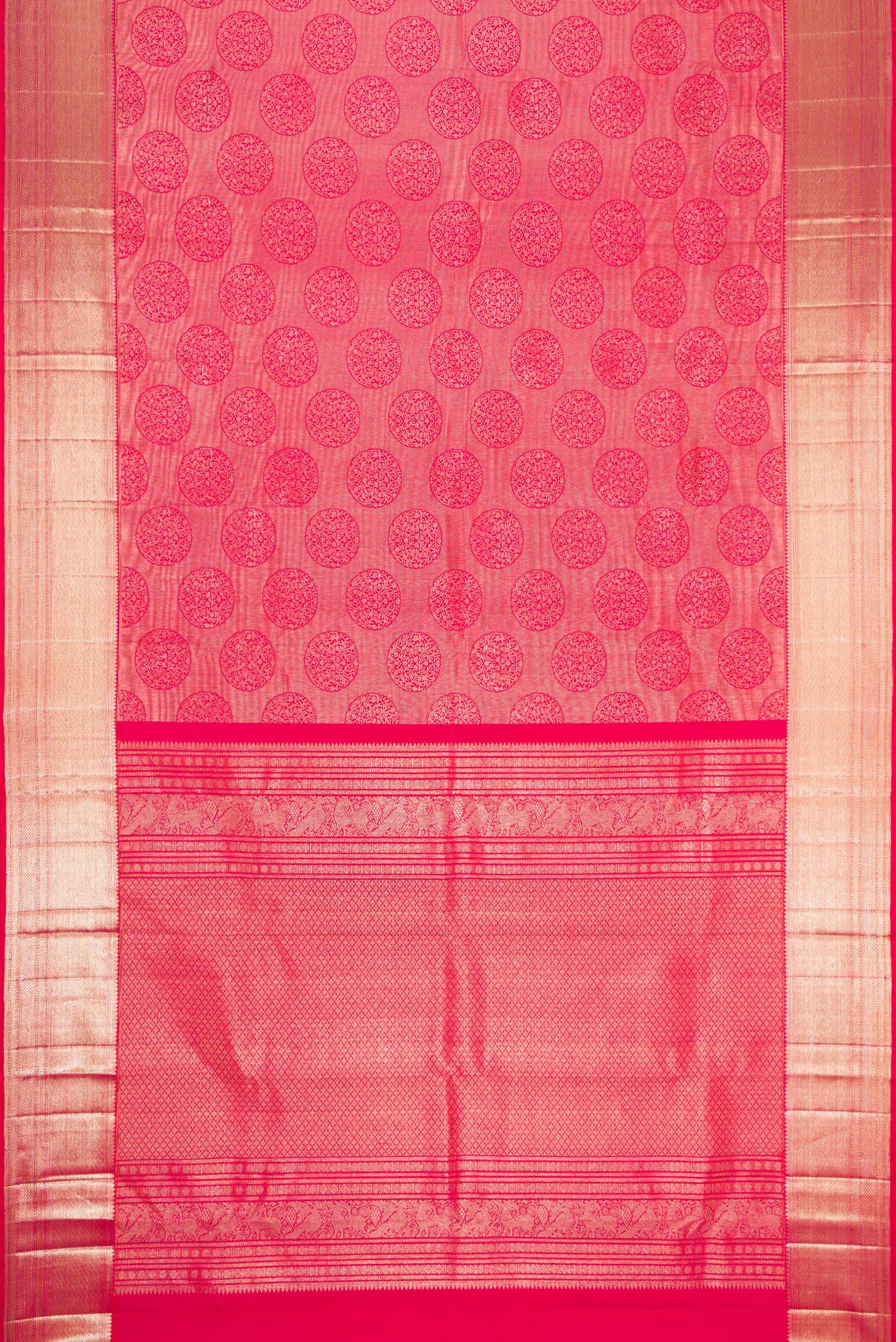 Flat view of Pink Dual Tone Kanchipuram Silk Saree with Zari Butta on the body and Zari Border. 
