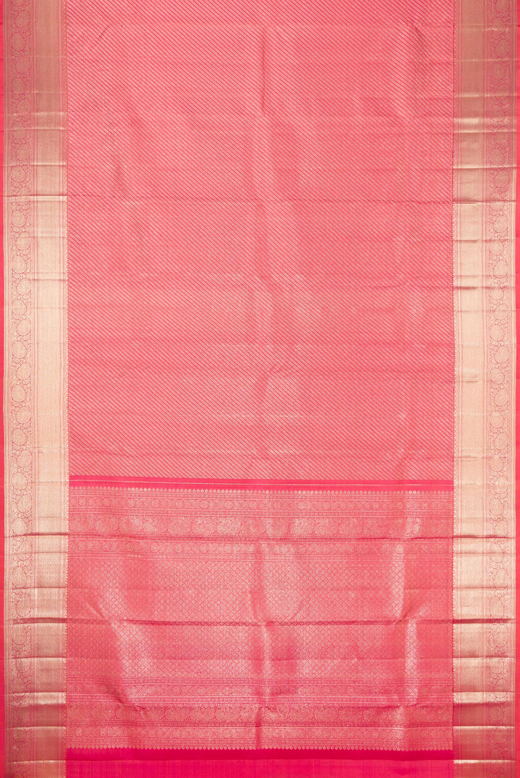 Flat view of Orange Dual Tone Kanchipuram Silk Saree with Zari Brocade on the body and Zari Border. 