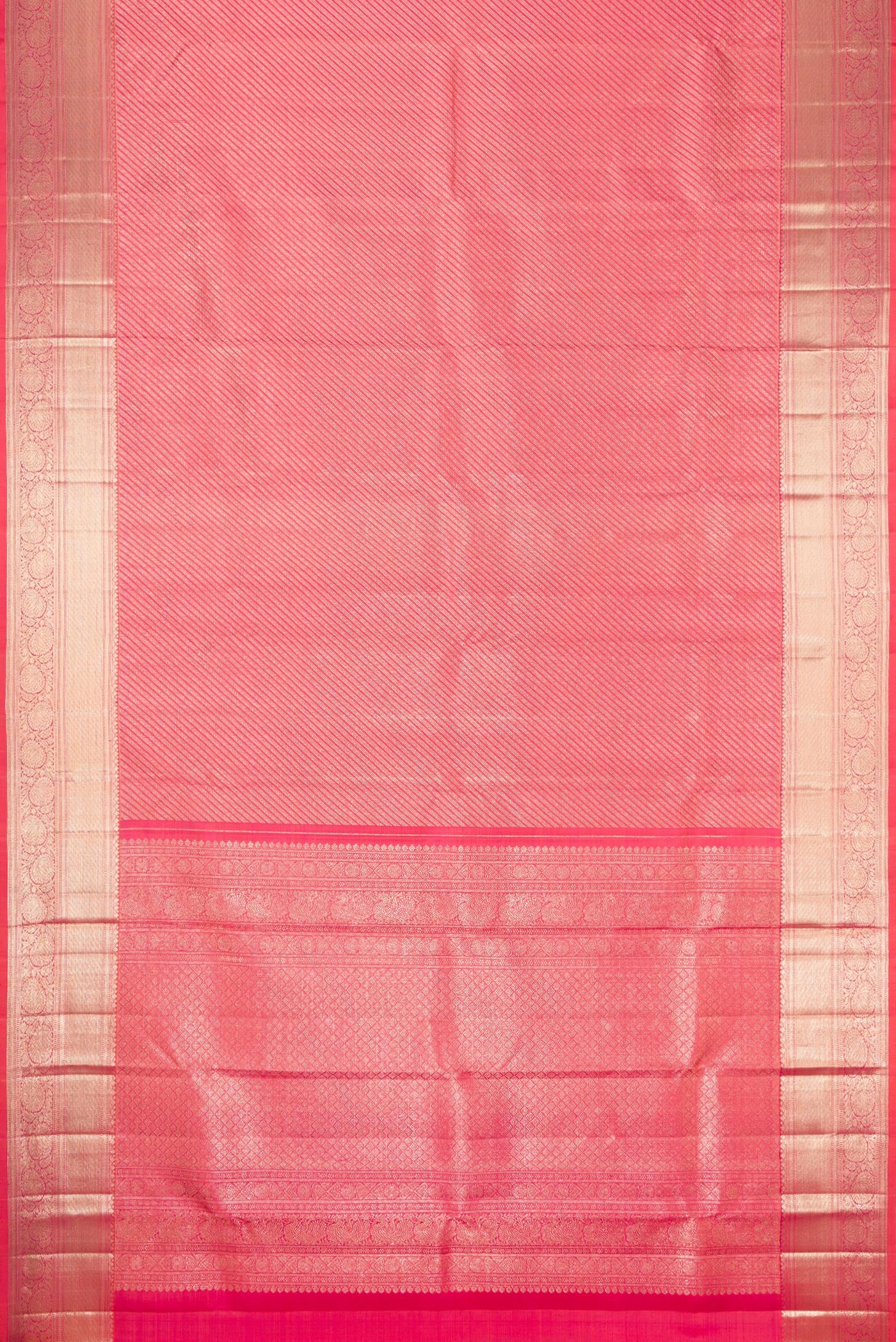 Flat view of Orange Dual Tone Kanchipuram Silk Saree with Zari Brocade on the body and Zari Border. 