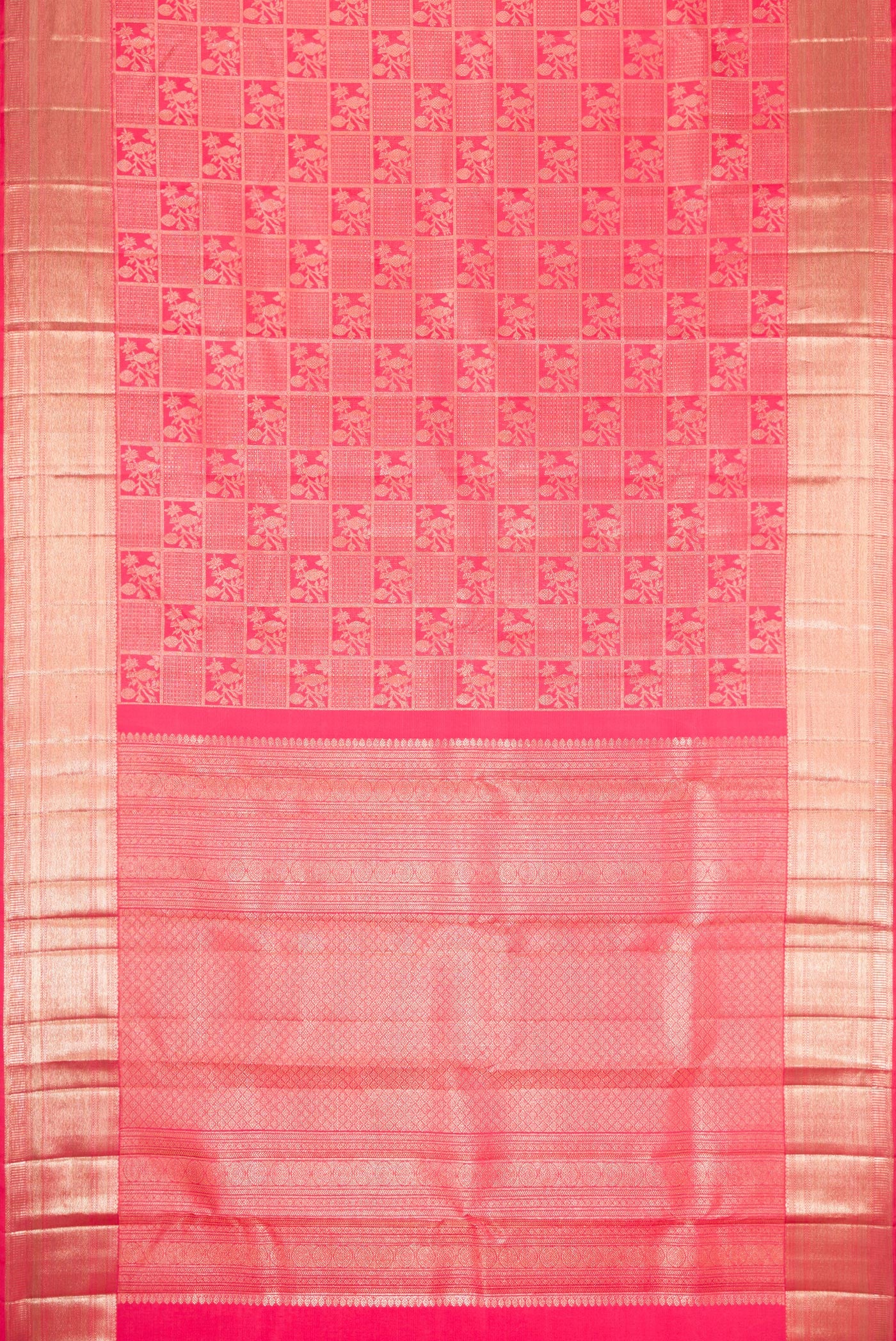 Flat view of Pink Dual Tone Kanchipuram Silk Saree with Zari Brocade on the body and Zari Border. 