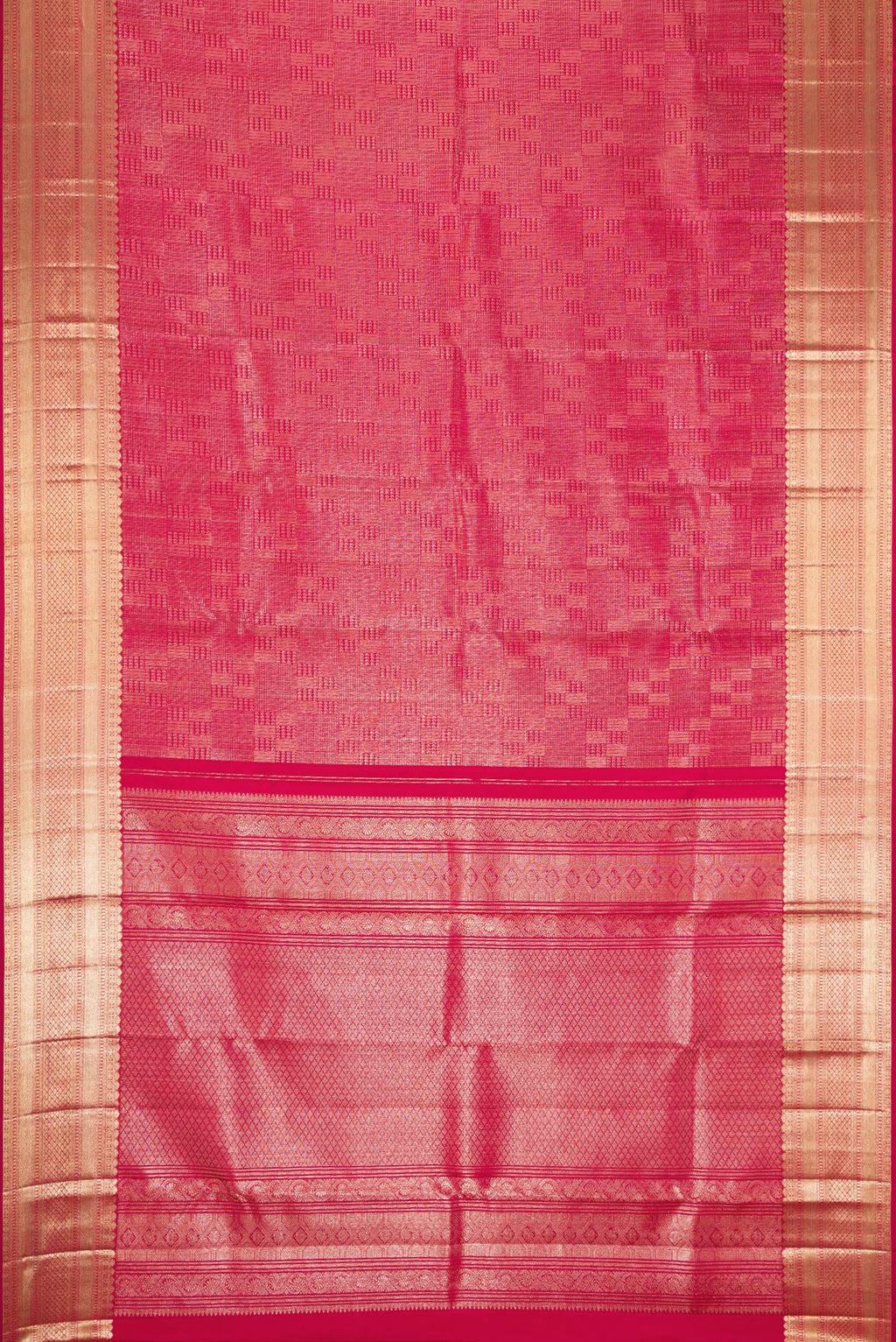Flat view of Maroon Dual Tone Kanchipuram Silk Saree with Zari Brocade on the body and Zari Border. 