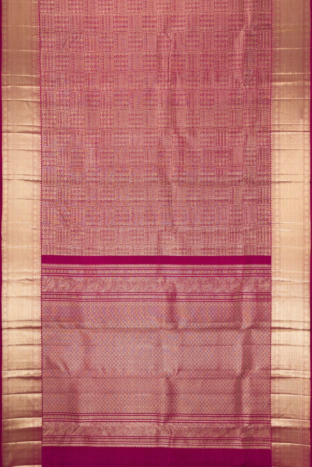 Flat view of Purple Dual Tone Kanchipuram Silk Saree with Zari Brocade on the body and Zari Border. 