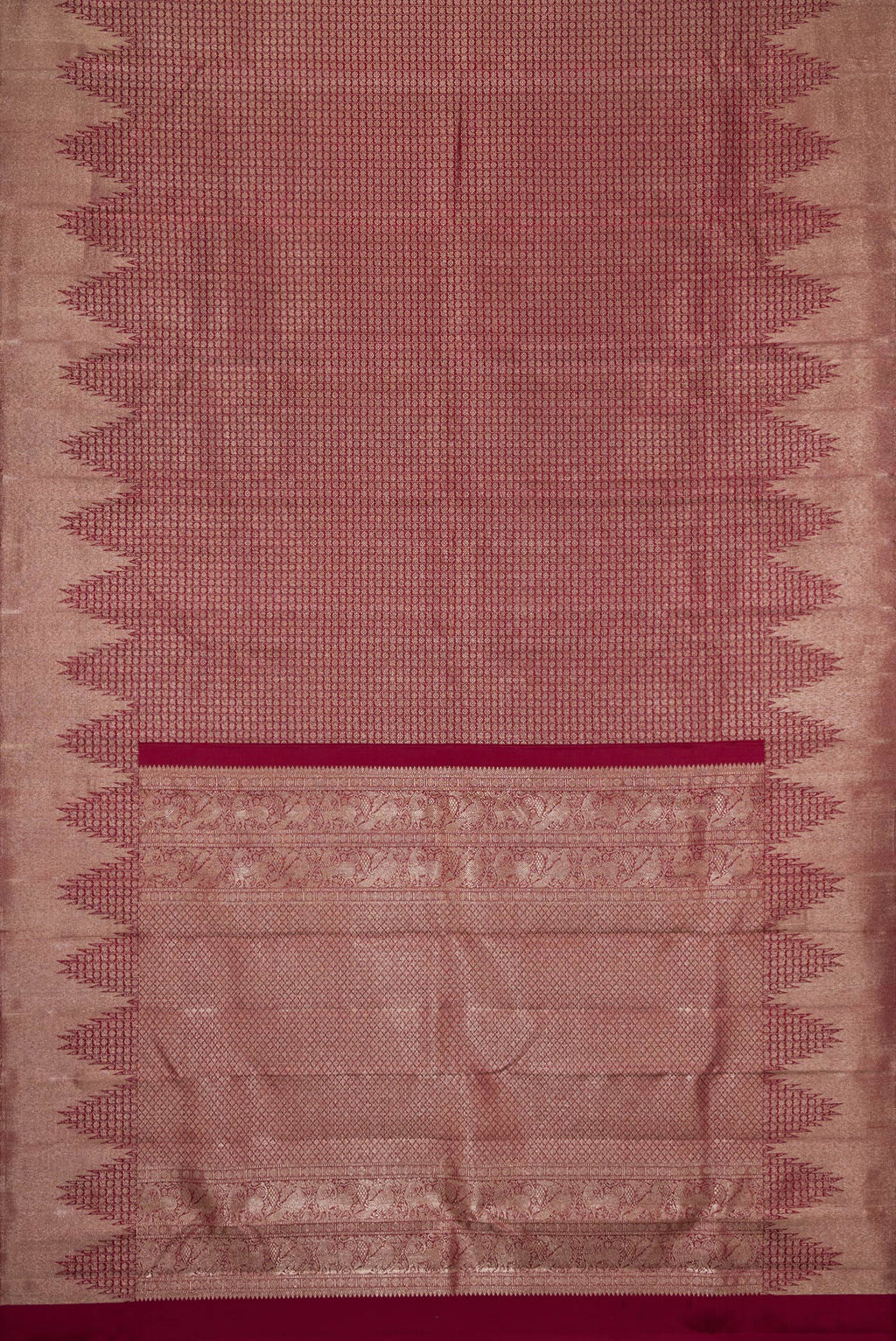 Flat view of Maroon Dual Tone Kanchipuram Silk Saree with Zari Brocade on the body and Zari Border. 