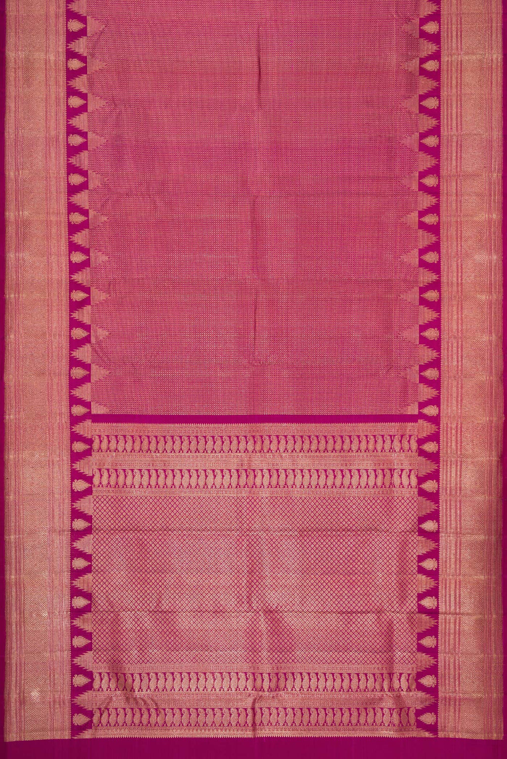 Flat view of Magenta Dual Tone Kanchipuram Silk Saree with Zari Brocade on the body and Fancy Border. 
