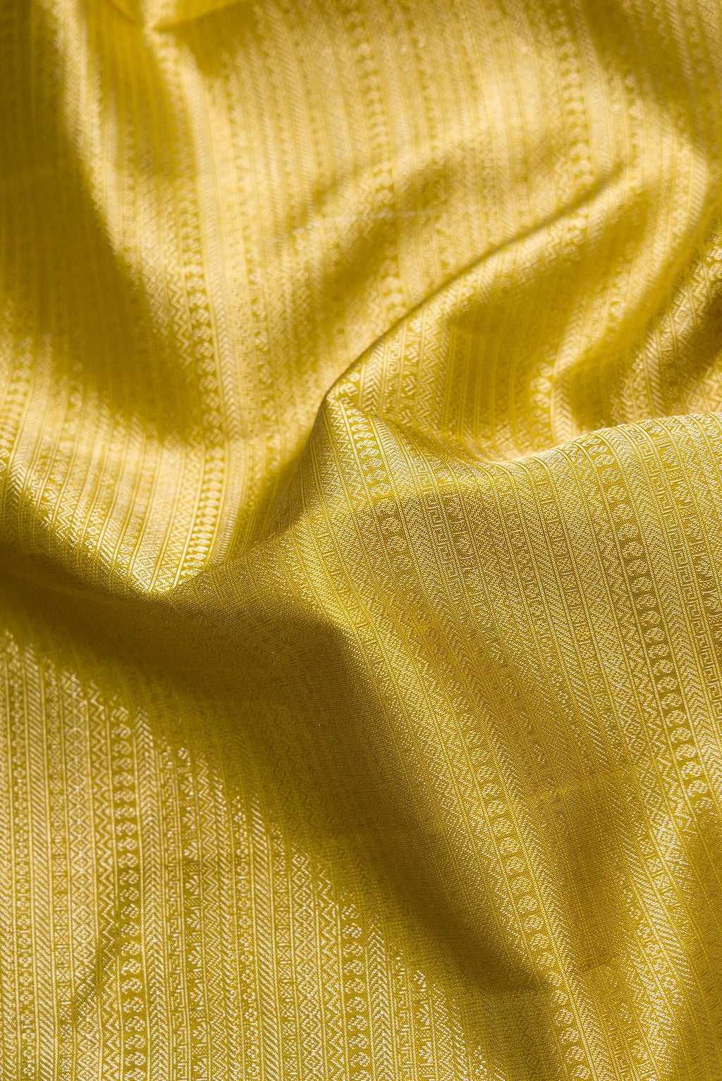 Close up of Mehandi Green Dual Tone Kanchipuram Silk Saree with Zari Brocade on the body and Zari Border.  displaying folds