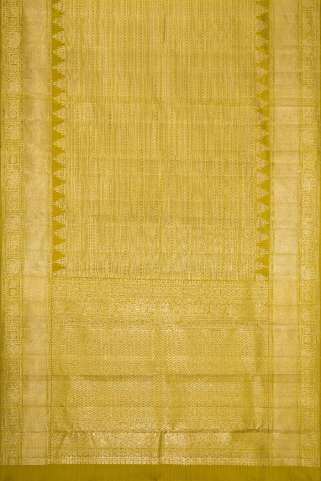 Flat view of Mehandi Green Dual Tone Kanchipuram Silk Saree with Zari Brocade on the body and Zari Border. 