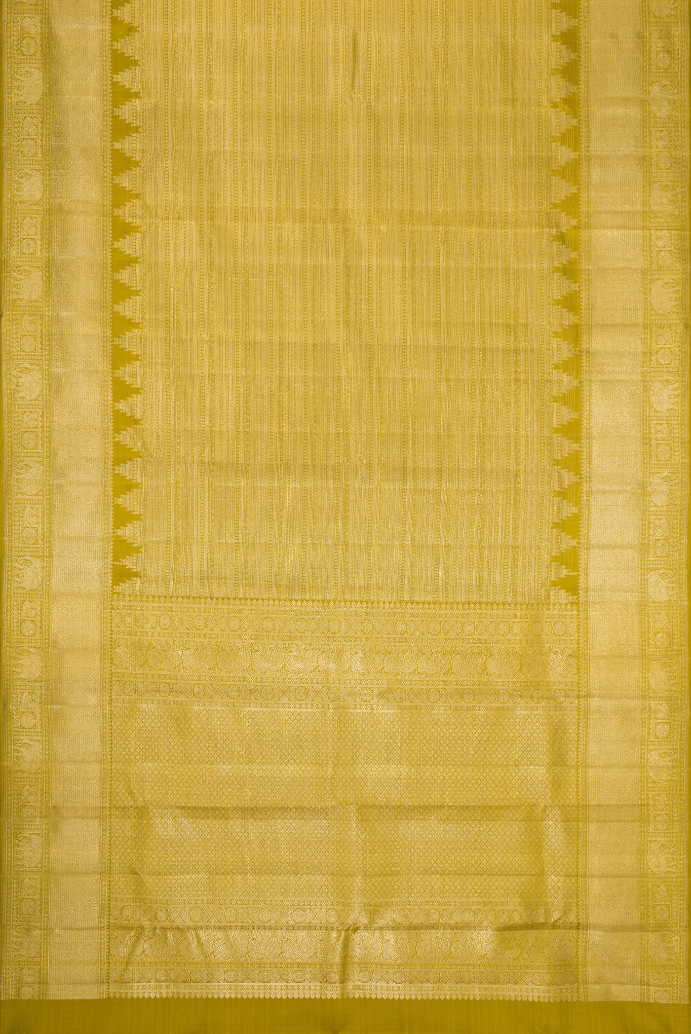 Flat view of Mehandi Green Dual Tone Kanchipuram Silk Saree with Zari Brocade on the body and Zari Border. 