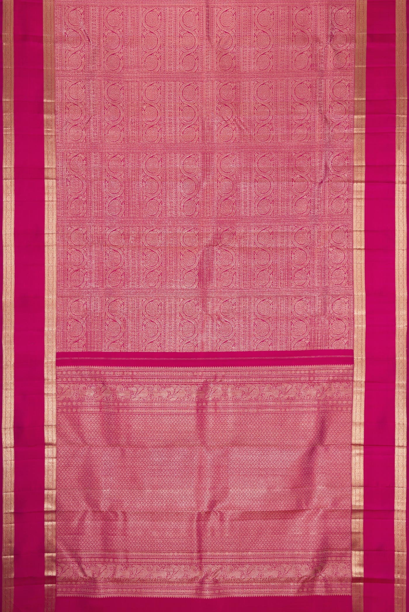 Flat view of Pink Dual Tone Kanchipuram Silk Saree with Zari Brocade on the body and Zari Border. 