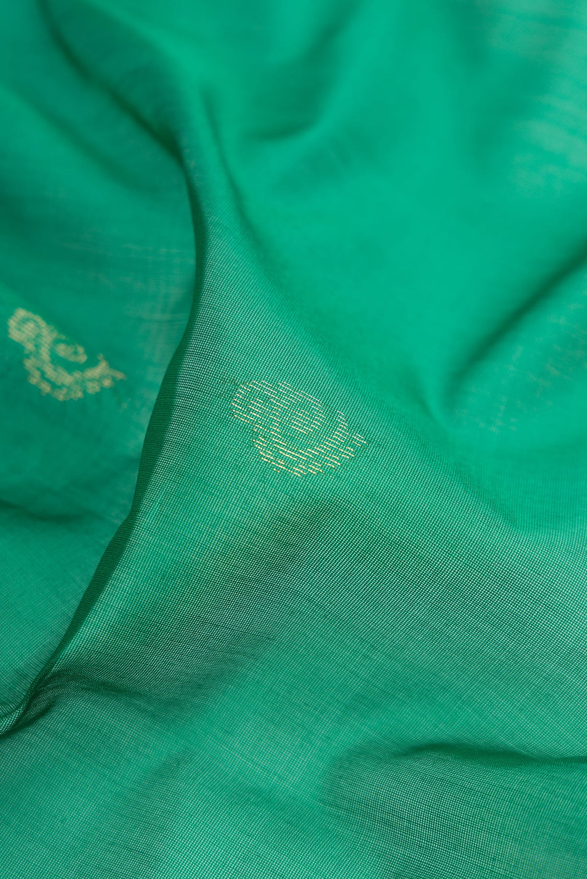 Close up of Green Silk Cotton Saree with Zari Butta on the body and Zari Border.  displaying folds