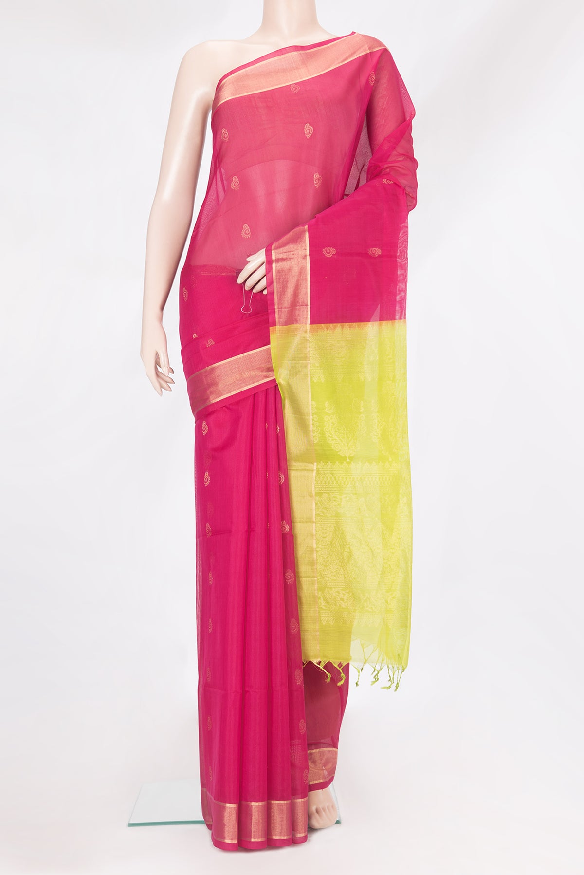 Dark Pink Silk Cotton Saree with Zari Butta on the body and Zari Border.  displayed on a mannequin