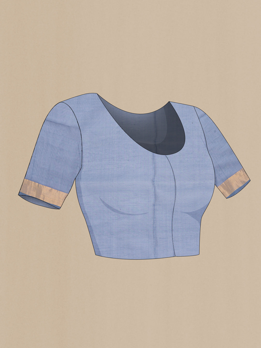 Close up image of the blouse of Blue Silk Cotton Saree with Zari Butta on the body and Zari Border. 