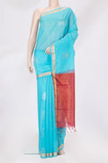 Sky Blue Banarasi Silk Cotton Saree with Zari Butta on the body and Zari Border.  displayed on a mannequin
