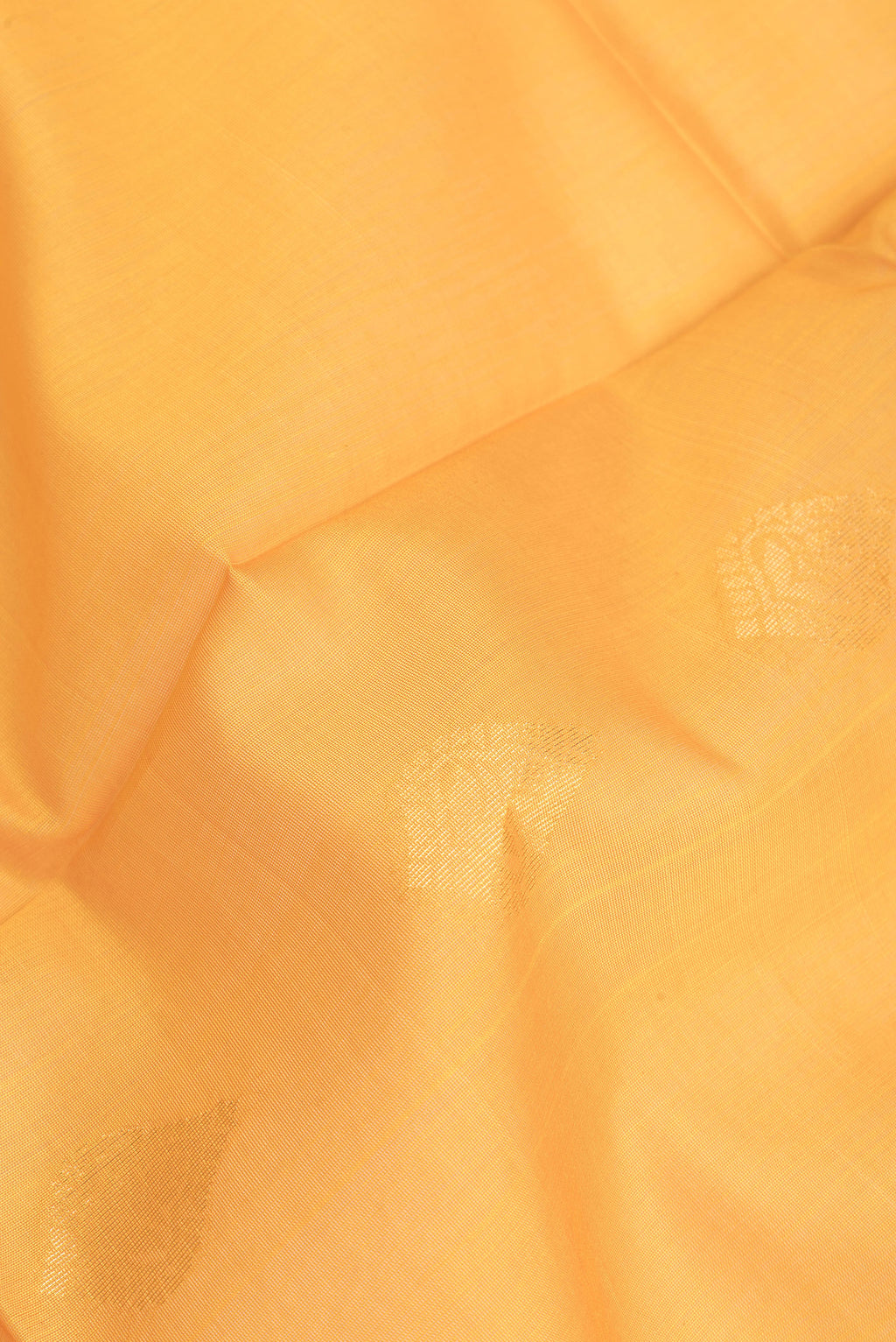 Close up of Yellow Silk Cotton Saree with Zari Butta on the body and Zari Border.  displaying folds
