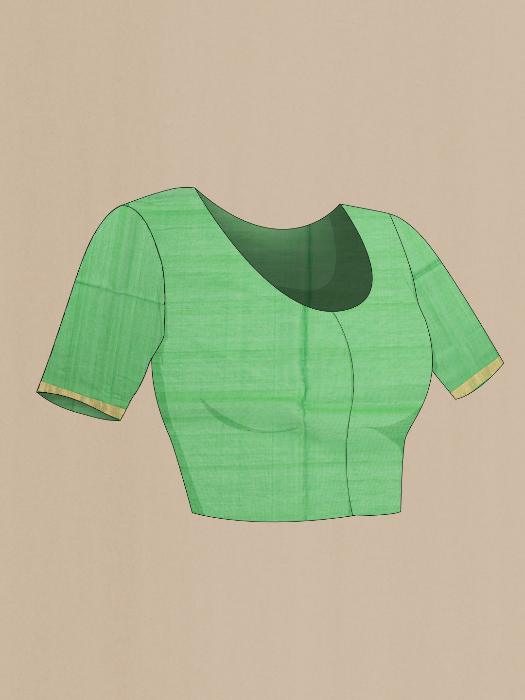 Close up image of the blouse of Green Silk Cotton Saree with Zari Butta on the body and Zari Border. 