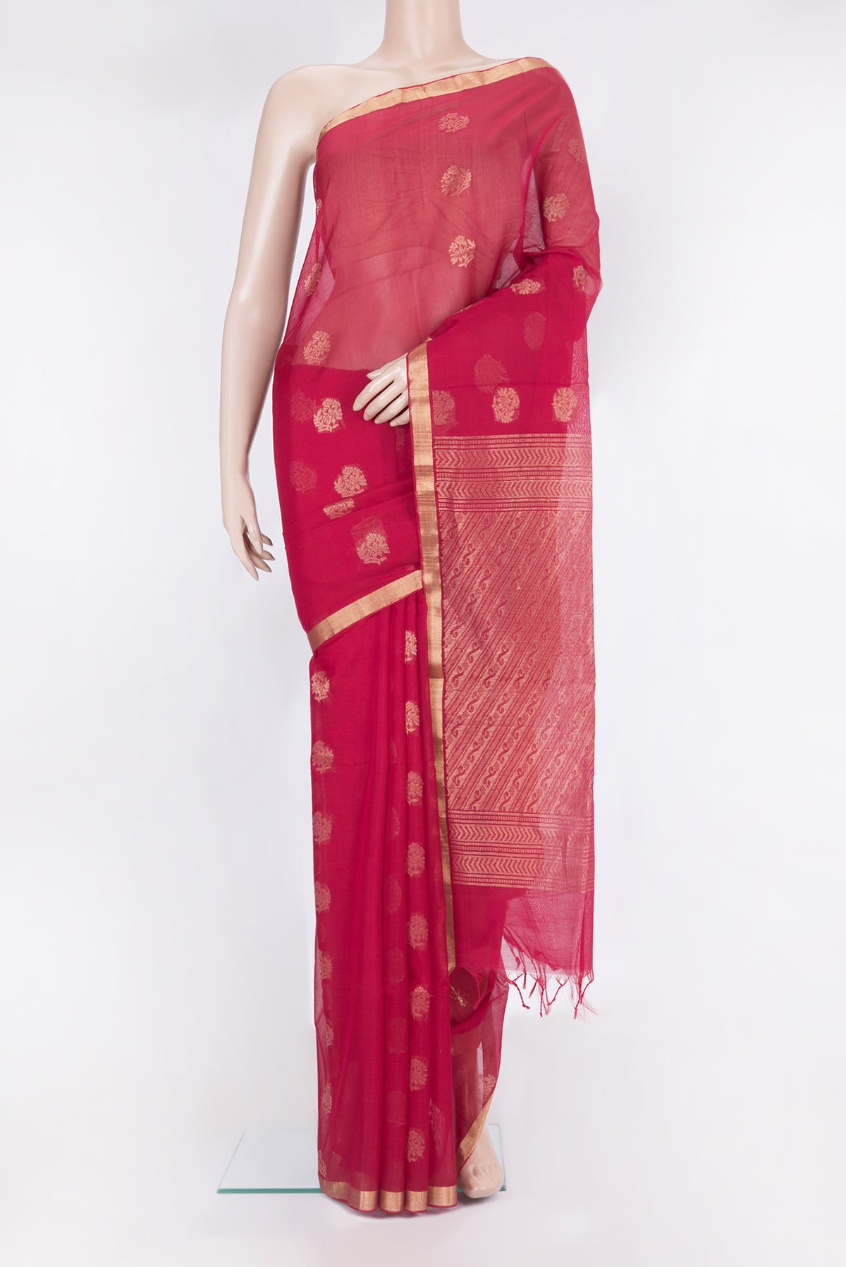 Dark Pink Silk Cotton Saree with Zari Butta on the body and Zari Border.  displayed on a mannequin