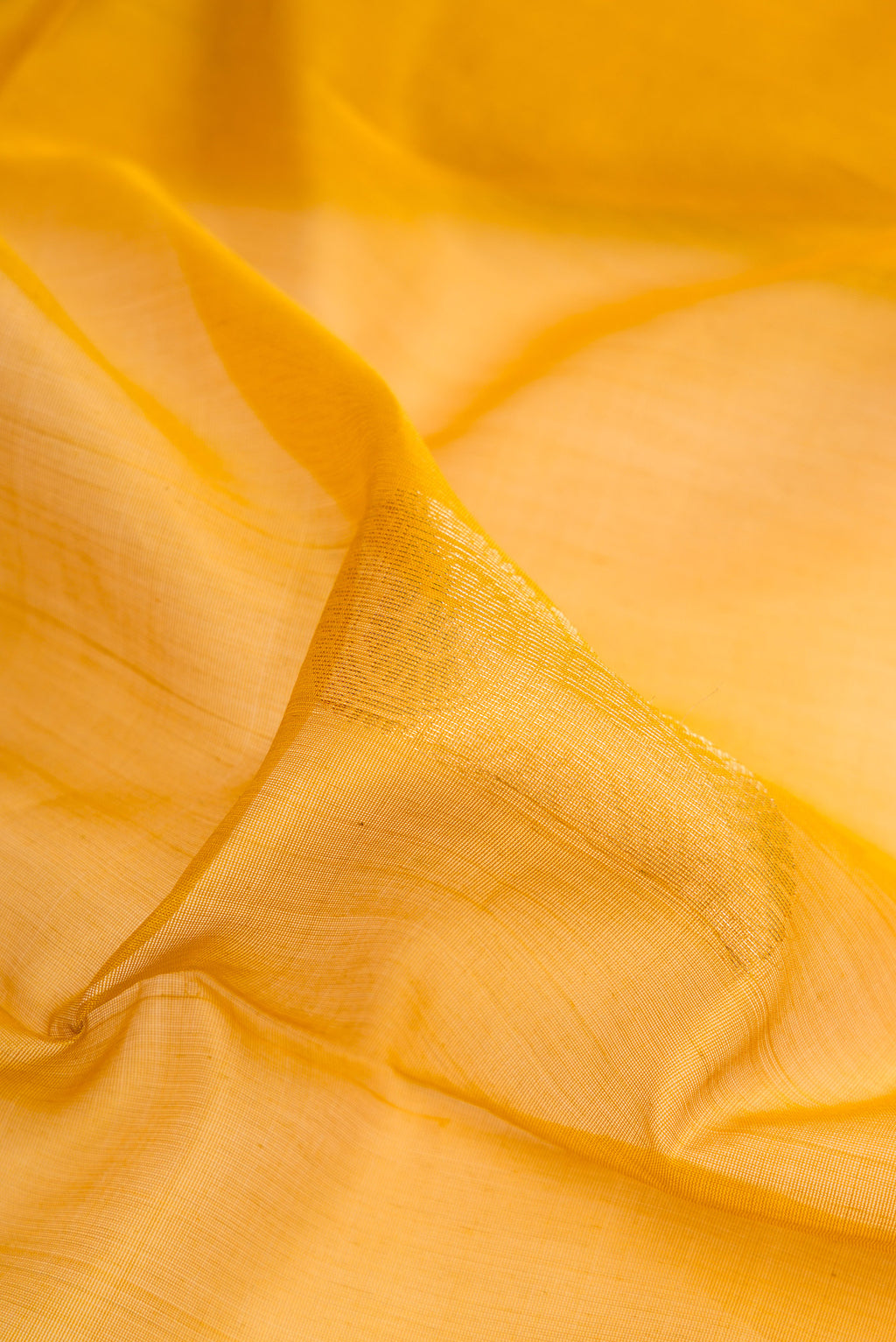 Close up of Mustard Silk Cotton Saree with Zari Butta on the body and Zari Border.  displaying folds