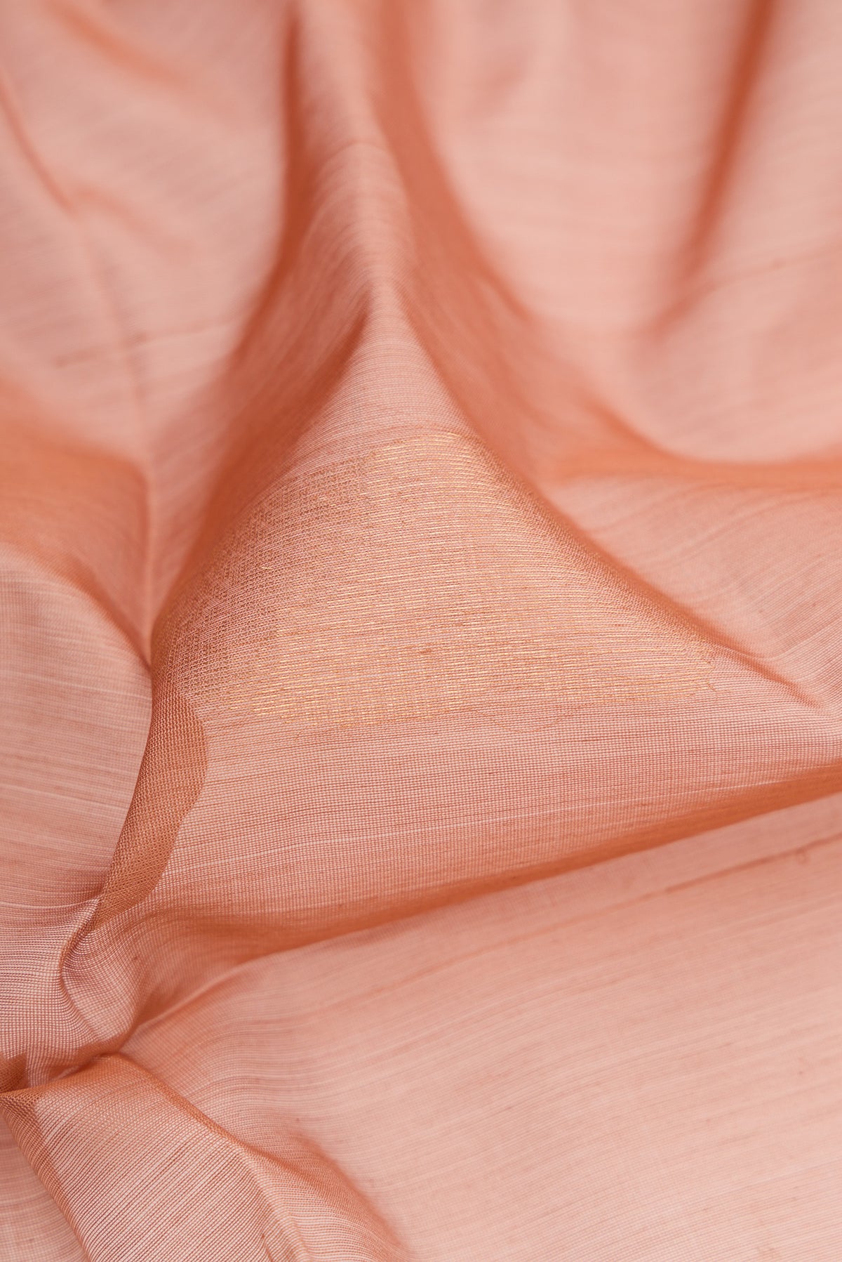 Close up of Rose Gold Silk Cotton Saree with Zari Butta on the body and Zari Border.  displaying folds