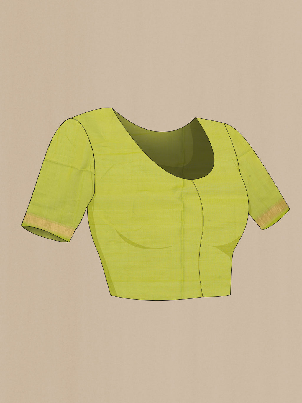 Close up image of the blouse of Yellow Silk Cotton Saree with Zari Butta on the body and Zari Border. 