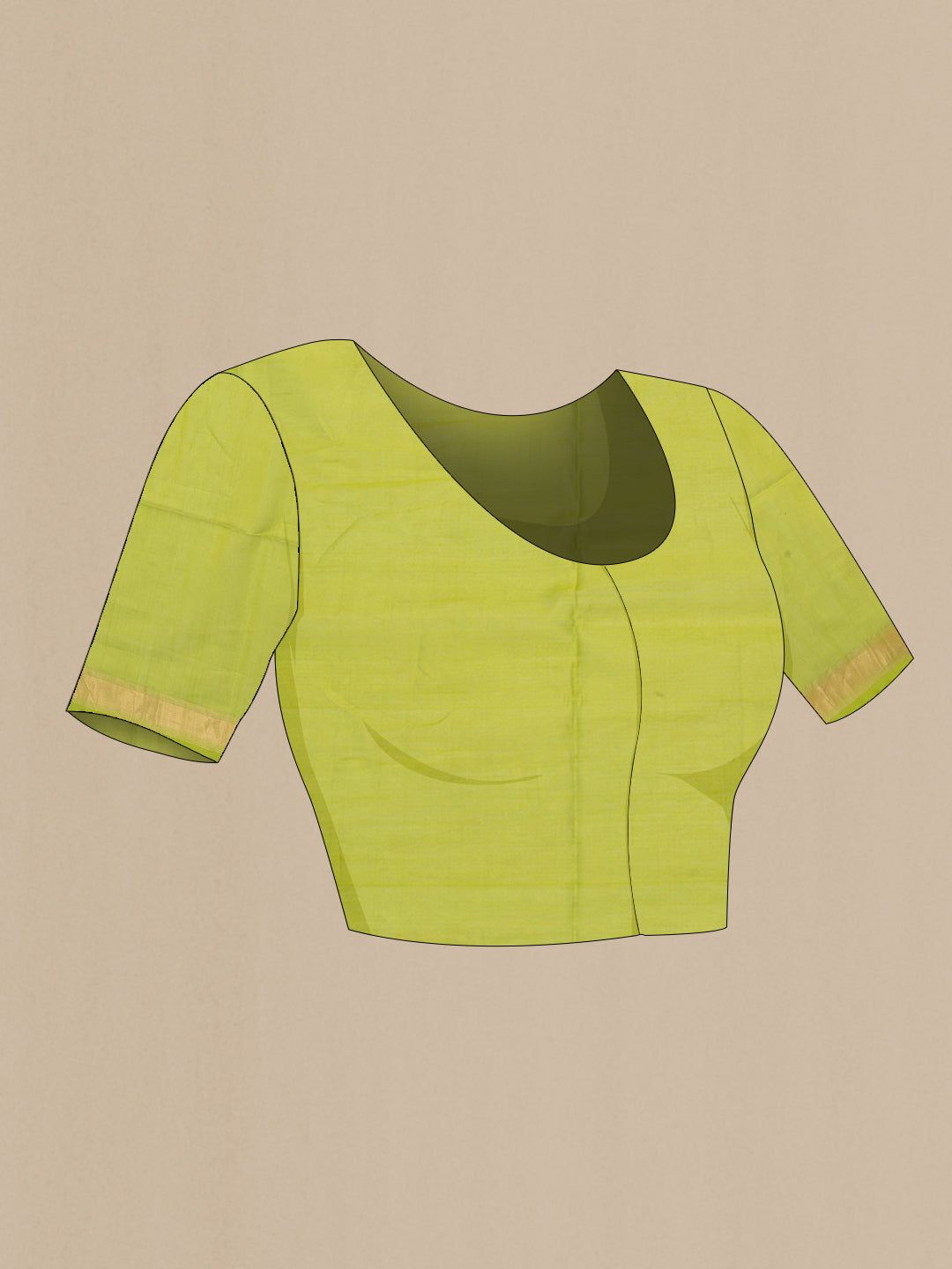 Close up image of the blouse of Yellow Silk Cotton Saree with Zari Butta on the body and Zari Border. 