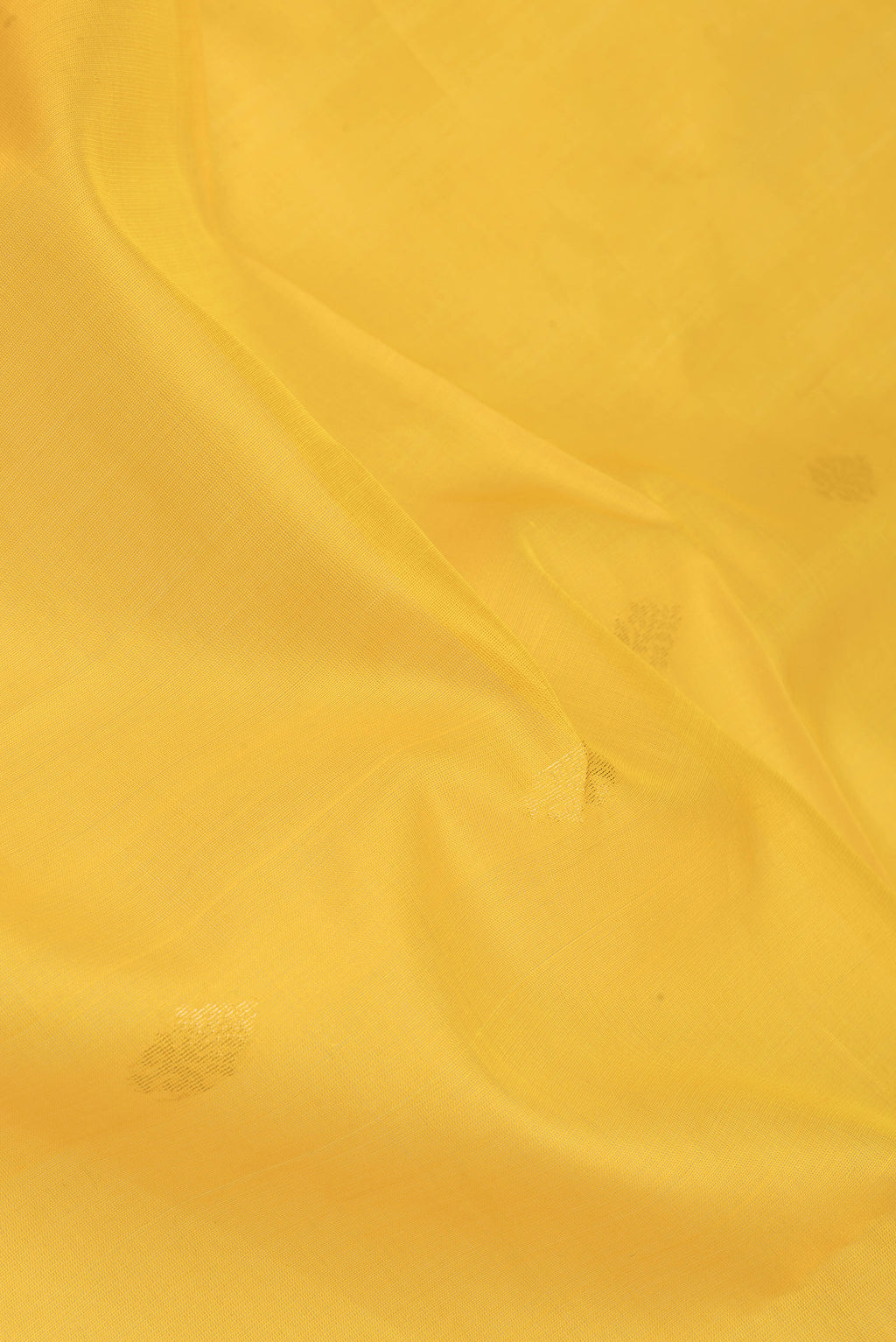Close up of Yellow Silk Cotton Saree with Zari Butta on the body and Zari Border.  displaying folds