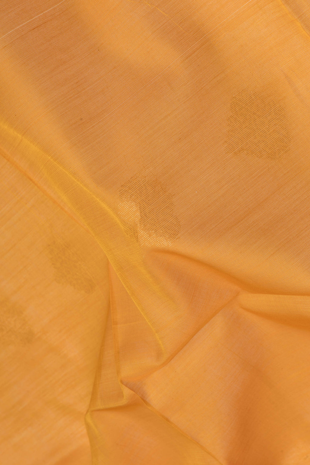 Close up of Mustard Silk Cotton Saree with Zari Butta on the body and Zari Border.  displaying folds